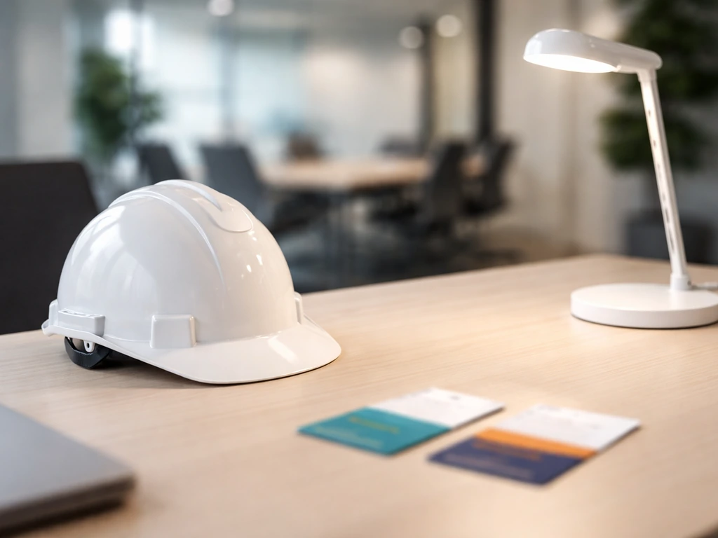 Two blurred business cards and an oil-and-gas office desk with an energy safety helmet, implying an energy executive