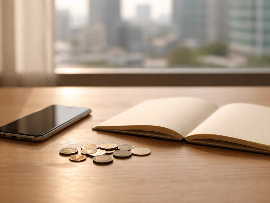 Minimal desk scene with a smartphone and scattered coins, symbolizing an estimated wealth range