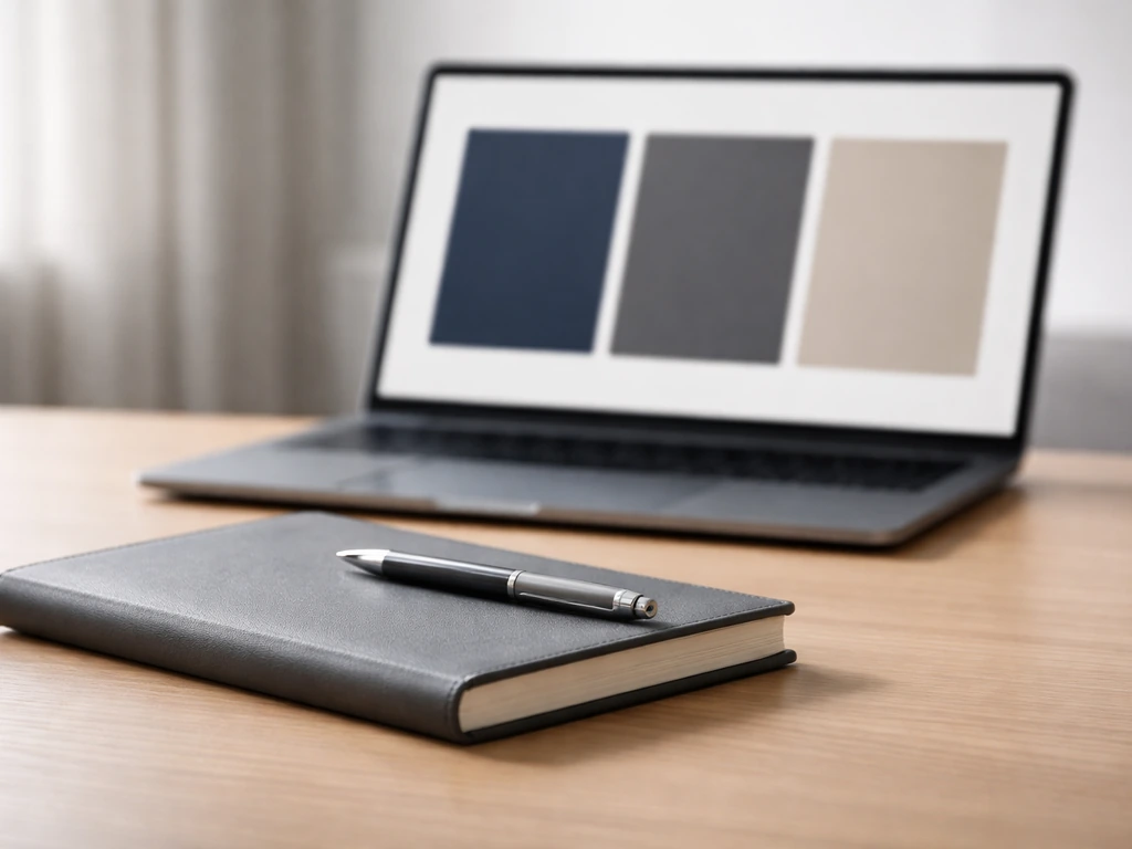 Minimal photo of a desk with a notebook, pen, and blurred laptop showing three income categories