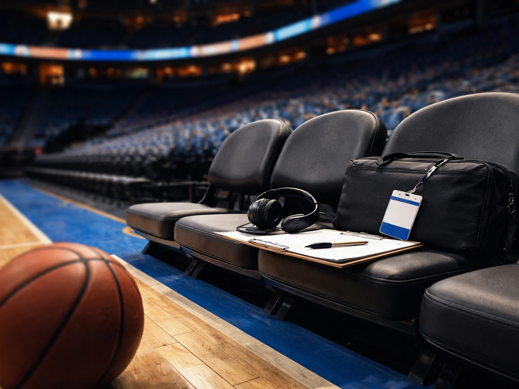 Empty NBA arena sideline with clipboard, headset, and basketball—symbolic business/media context for net worth topic.