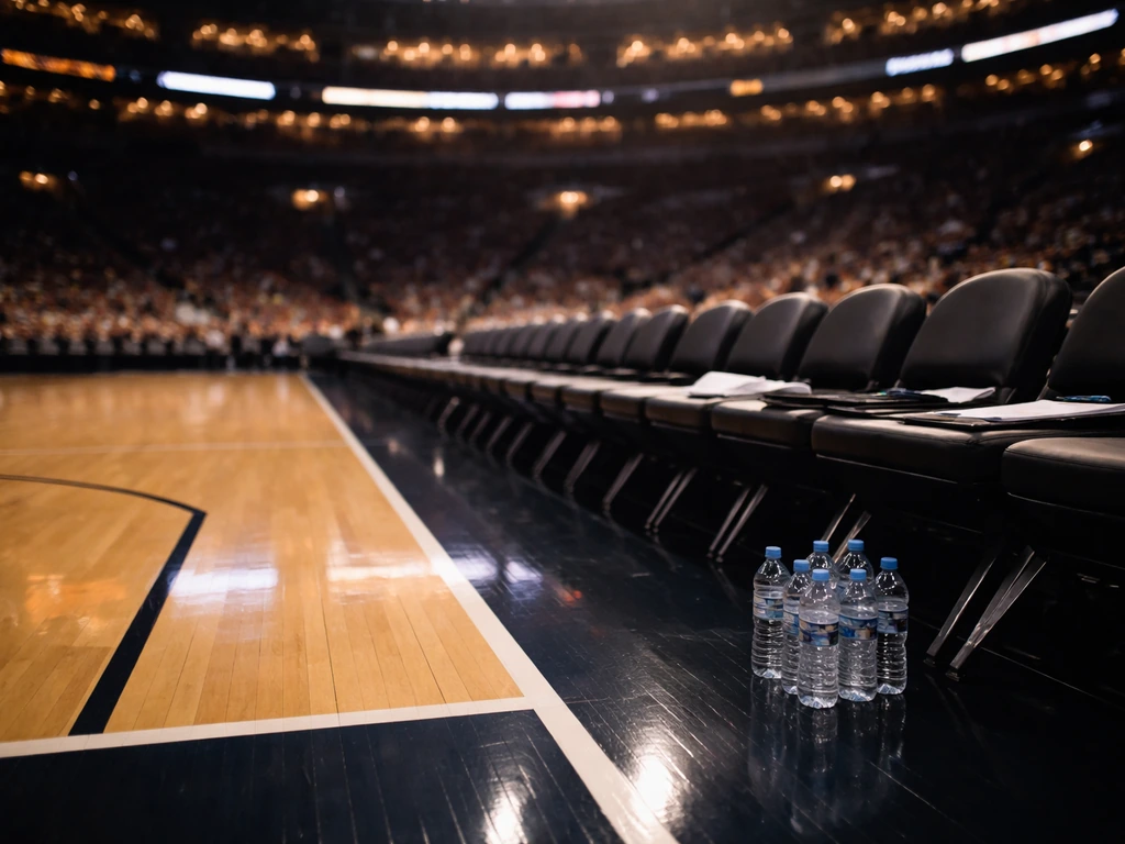 Empty basketball arena court with a spotlighted coaching bench area, symbolizing an NBA coach and net-worth interest.