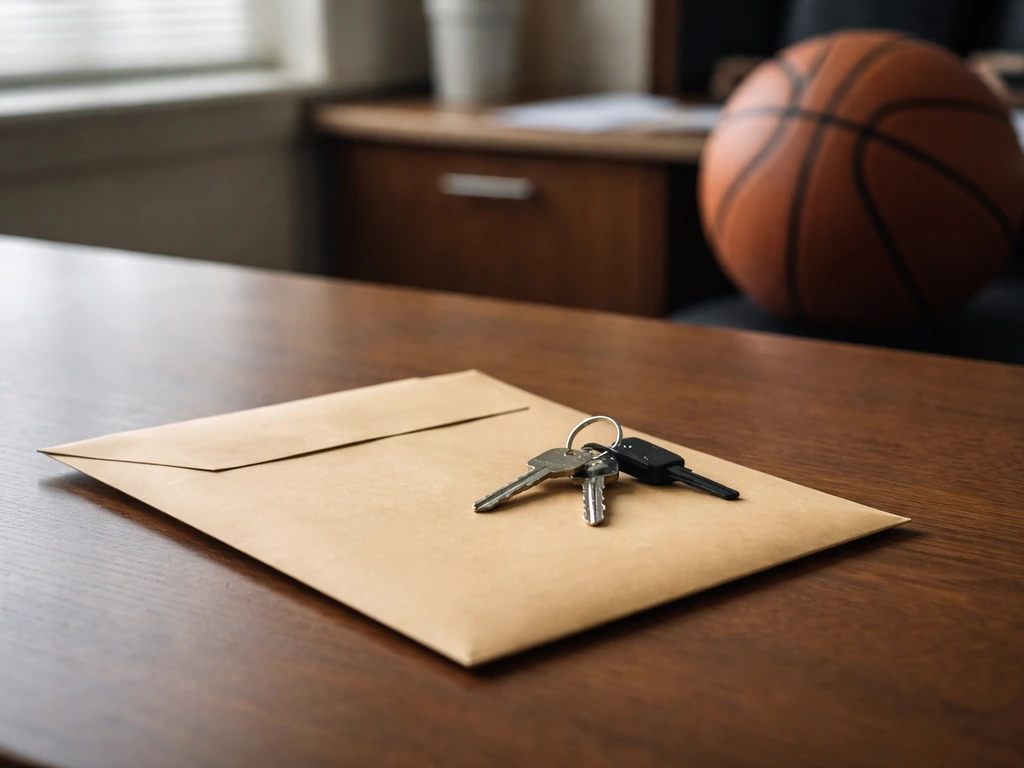 Minimal desk scene with a contract envelope, keys, and a basketball suggesting coaching income drivers.