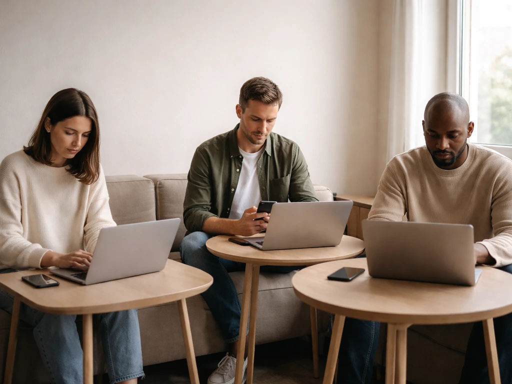 Three anonymous people in a quiet search-lounge, suggesting different people with the same name