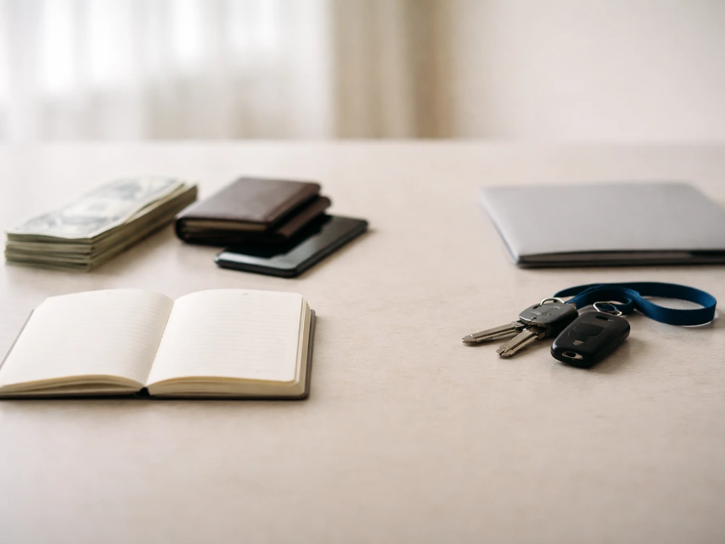 Minimal desk photo with two separated piles of items symbolizing assets and liabilities for net worth calculation.