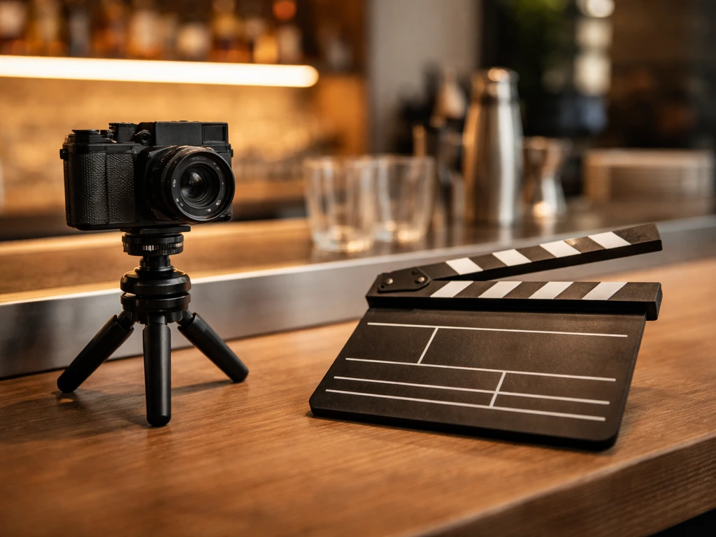 Film camera and clapperboard on a wooden bar counter with a softly lit bar behind it.