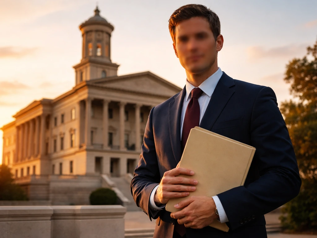 Anonymous suited staffer holding a folder in front of a U.S. Capitol exterior backdrop at golden hour.