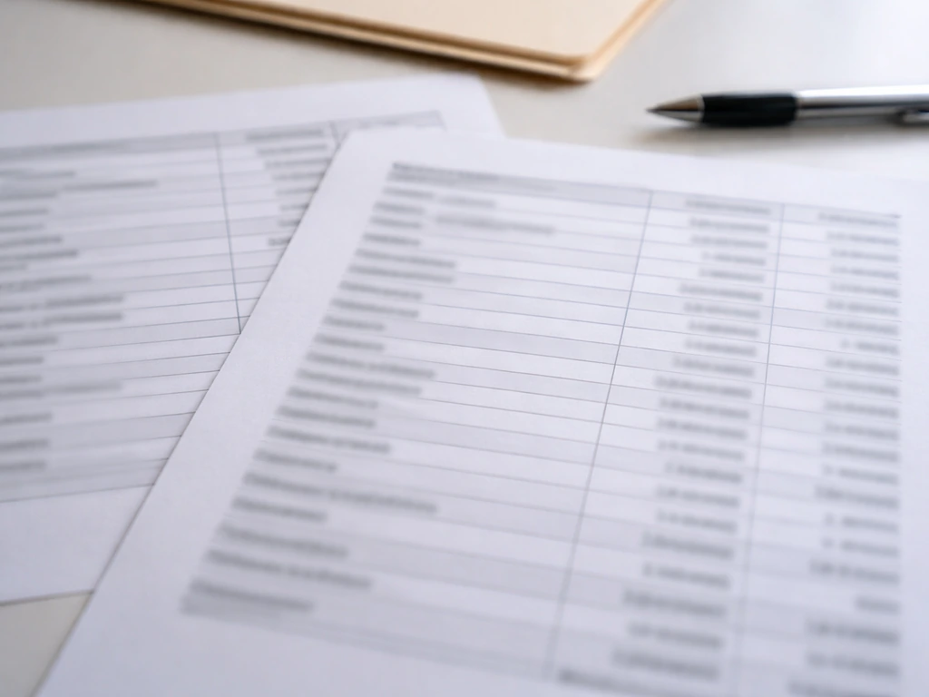 Close-up of blurred financial disclosure document pages on a desk, pen nearby, scan-like look