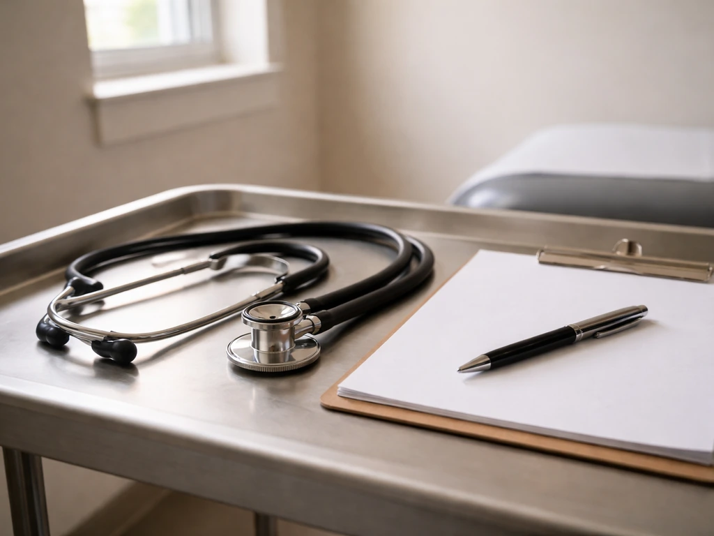 Physician-style exam room scene with a stethoscope and medical clipboard on a clean desk.
