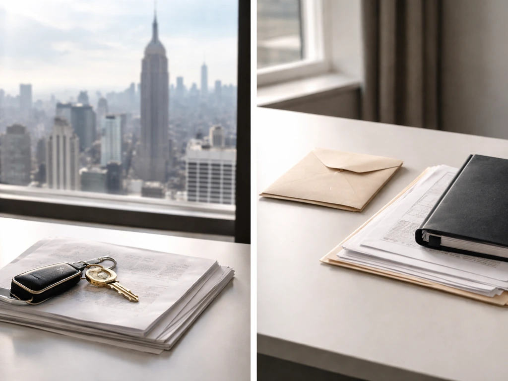 Minimal desk split-scene: NYC skyline and property papers vs bills and heavy folders suggesting assets and liabilities.