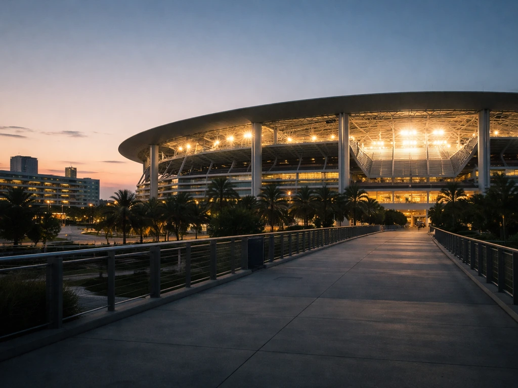 Empty NFL stadium exterior at dusk with lights on, symbolizing a team’s major wealth source.