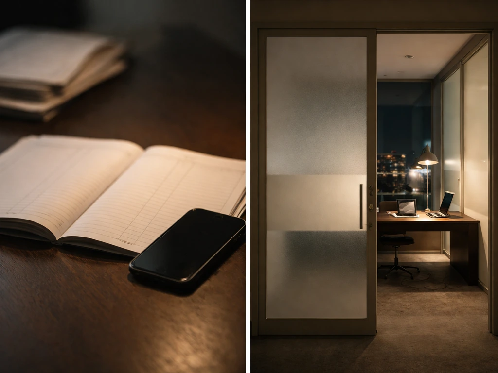 Split-style scene showing a business ledger on a desk and a blurred private-office backdrop symbolizing missing filings.