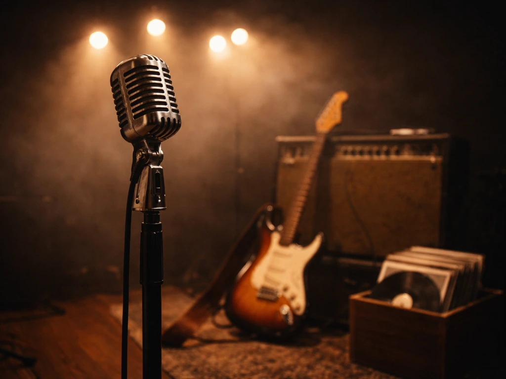 Vintage microphone and guitar in a warm studio, hinting at classic rock and a music-driven financial engine.