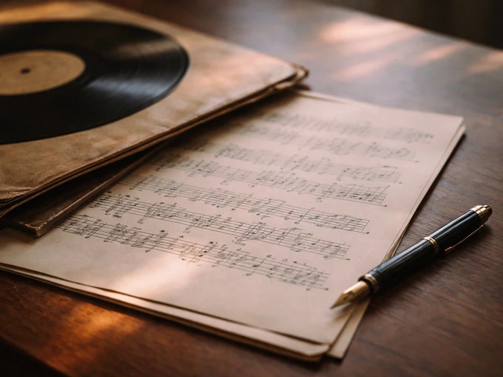 Close-up of a worn vinyl record sleeve and handwritten music notes on a desk, royalty-style songwriting scene.