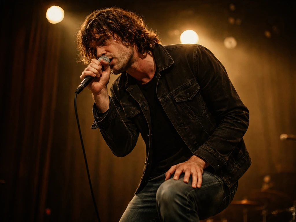 Rock musician singing into a microphone onstage with warm amber lighting in a quiet concert setting.