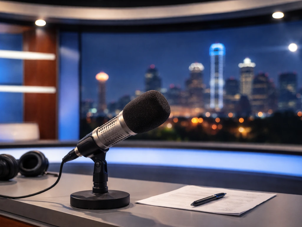 Dallas TV studio desk with a broadcast microphone and subtle city-window view suggesting a news anchor career.