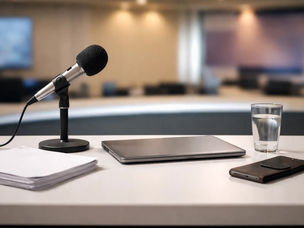 Minimal TV news studio desk with microphone, laptop, and subtle money-and-brand objects nearby