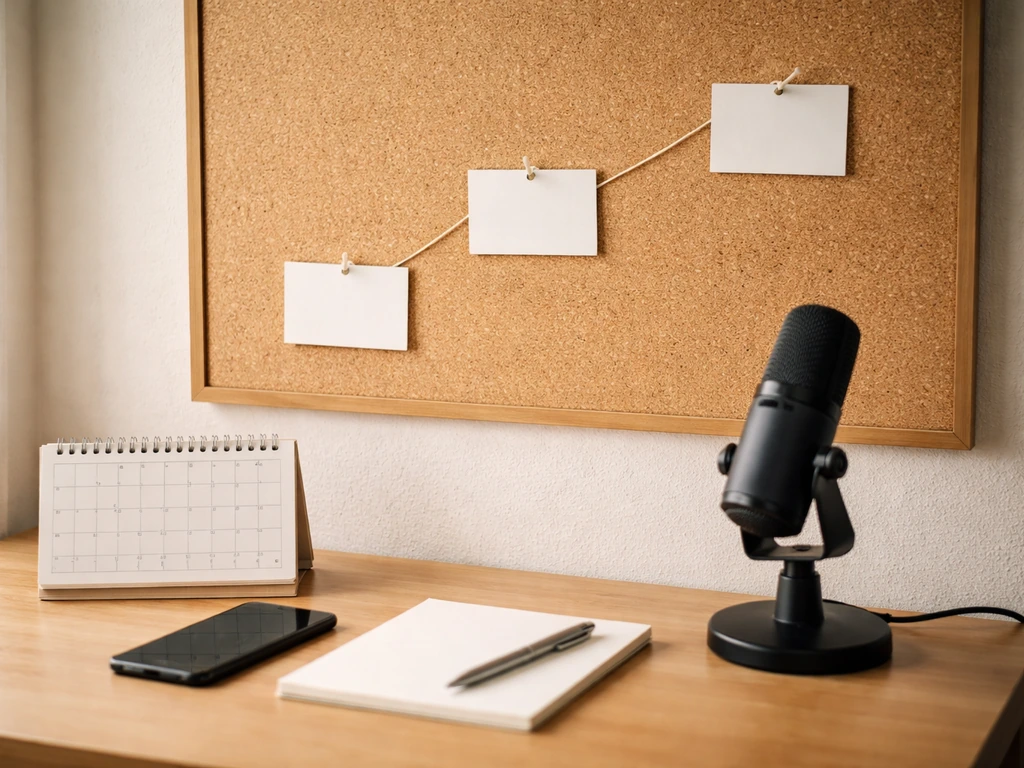 Desk and corkboard with pinned milestone cards and strings suggesting a financial career timeline