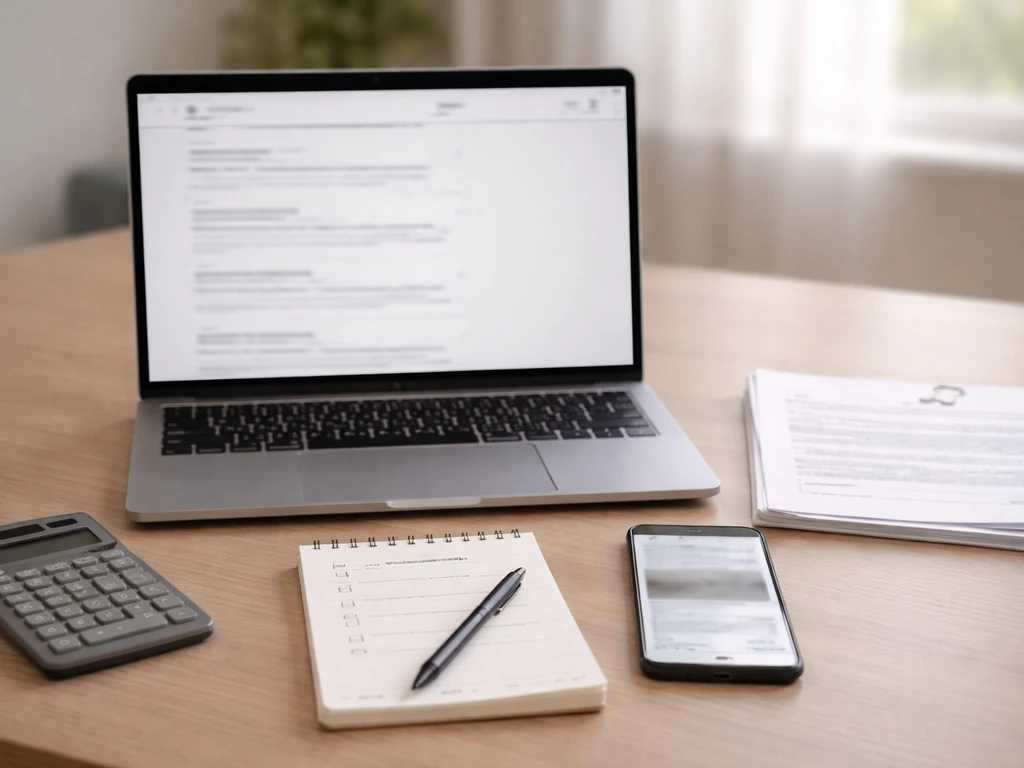 Minimal desk with laptop and smartphone showing blurred search results, calculator, and checklist for cross-checking fig