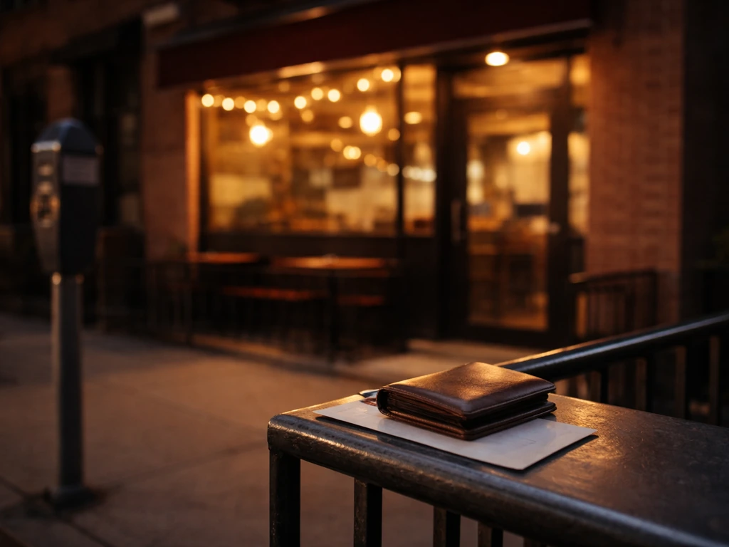 Quiet street-side view outside a popular NYC pizzeria setting, with warm lights and a subtle wealth-business vibe.