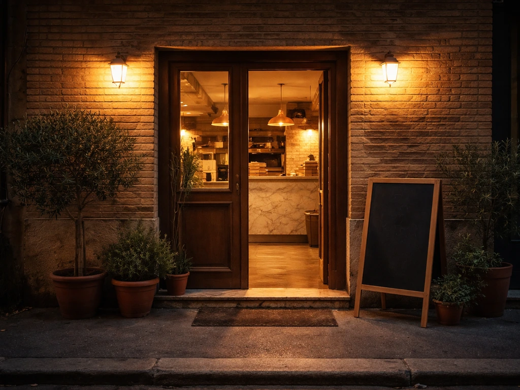 Warm, minimal street scene outside a small Italian pizzeria with a single sign and doorway, hinting at Lucali.