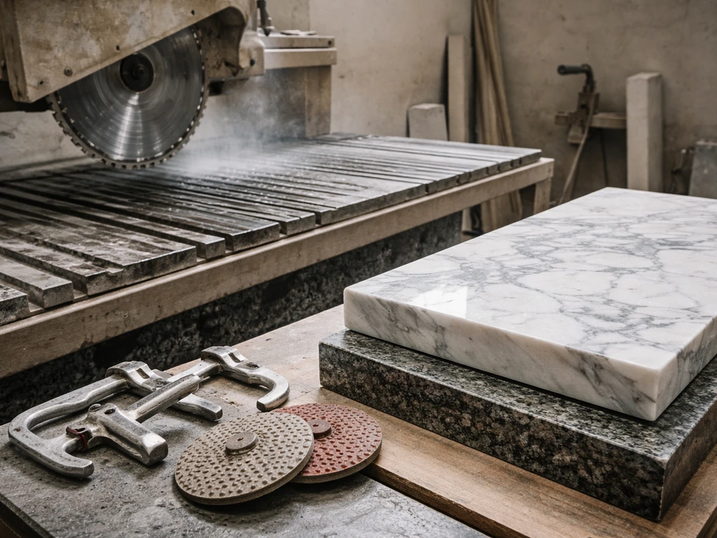 Close view of granite and marble fabrication tools in a quiet workshop with polished stone slabs