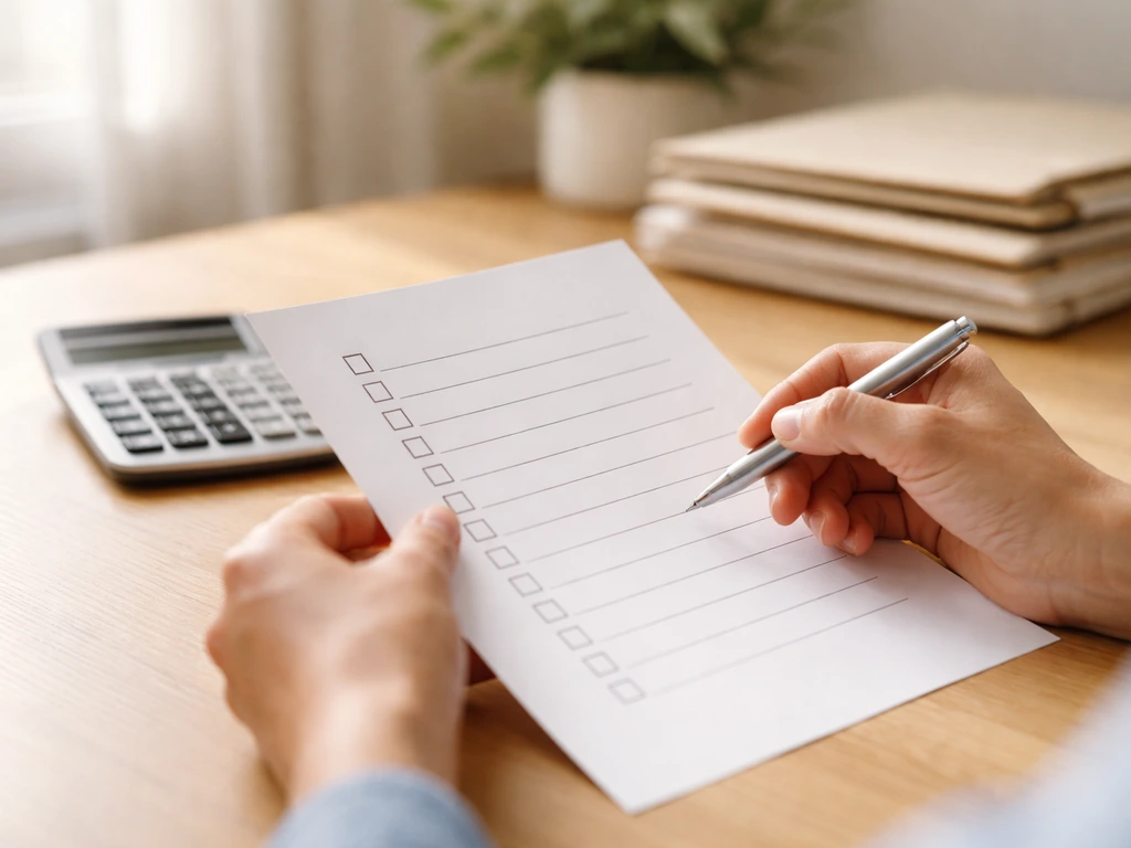 Anonymous hands reviewing a blank printed checklist beside a calculator and folders on a simple desk.