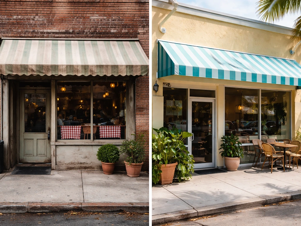 Two simple pizzeria storefront facades suggesting separate Brooklyn and Miami locations.