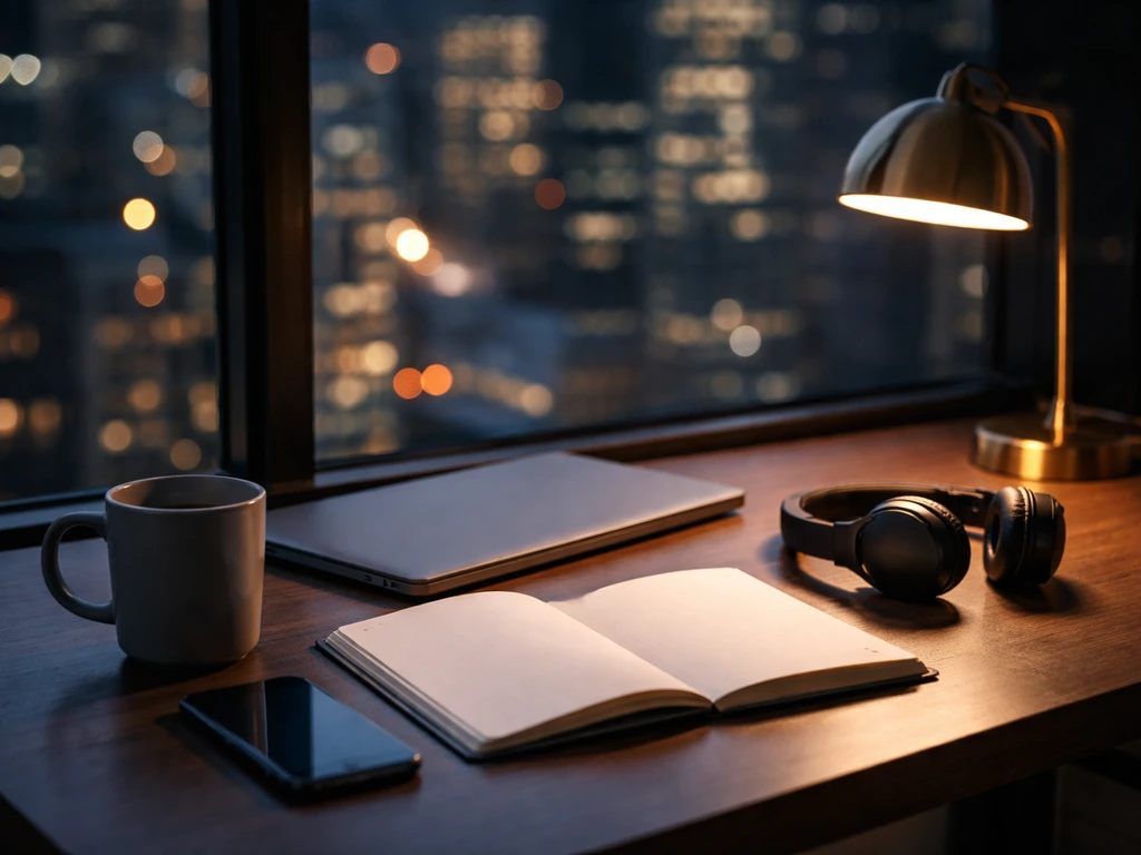 Minimal New York-style desk with laptop, blank notebook, headphones, and city lights—no people shown.