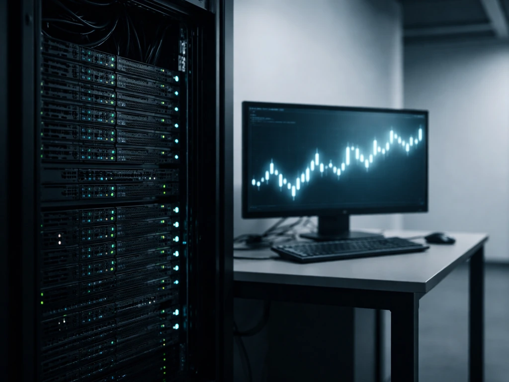Dim server room with blinking status lights and nearby trading screen glow, suggesting quant/HFT activity