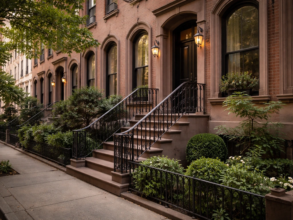 Exterior of a classic Upper West Side townhouse in Manhattan, brick facade and stoop in natural light.
