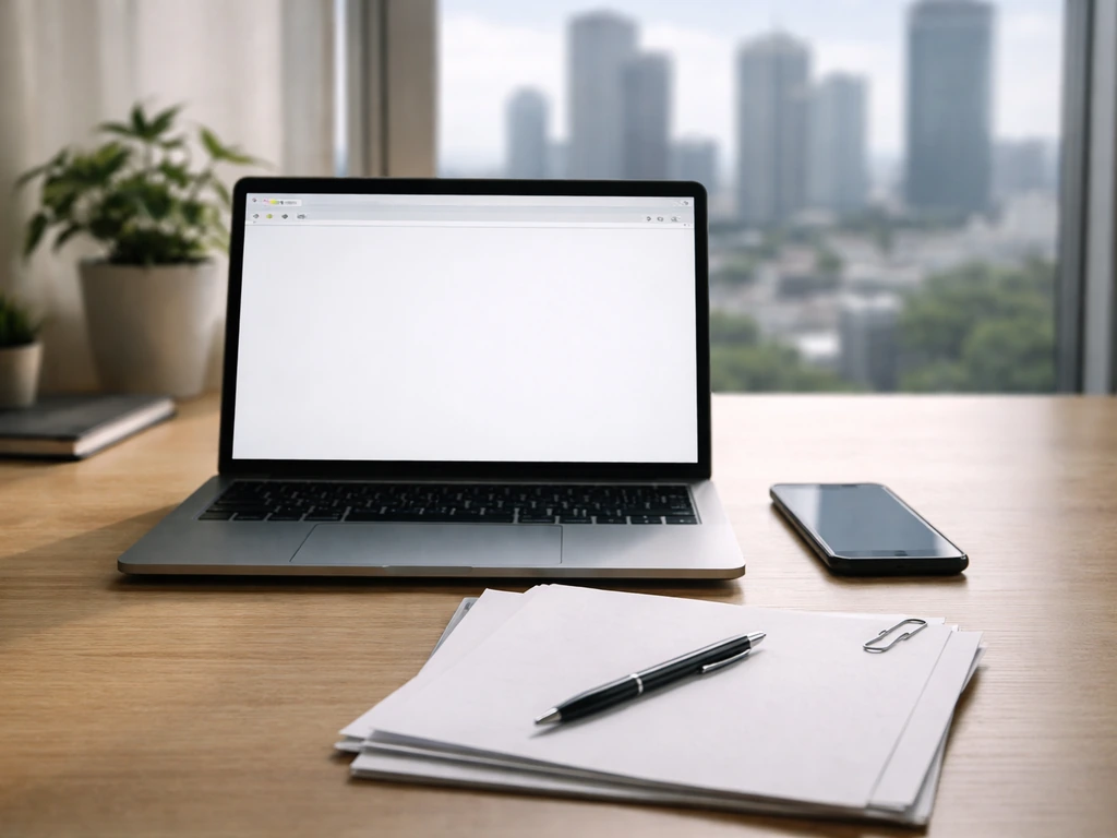 Minimal desk scene with laptop and documents symbolizing checking a public finance regulator record today.