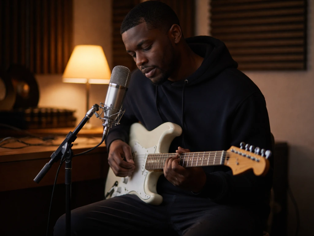Anonymous R&B musician strums guitar at a vintage microphone in a small home studio.