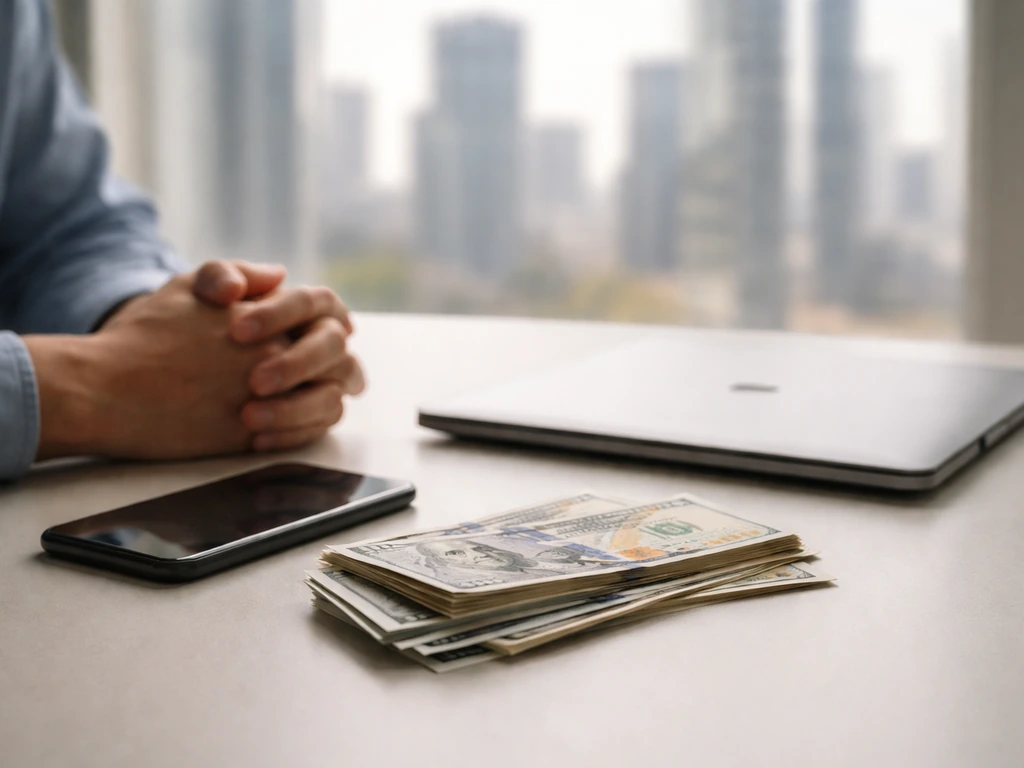 Hands near cash and a laptop on a desk by a window with blurred city buildings.