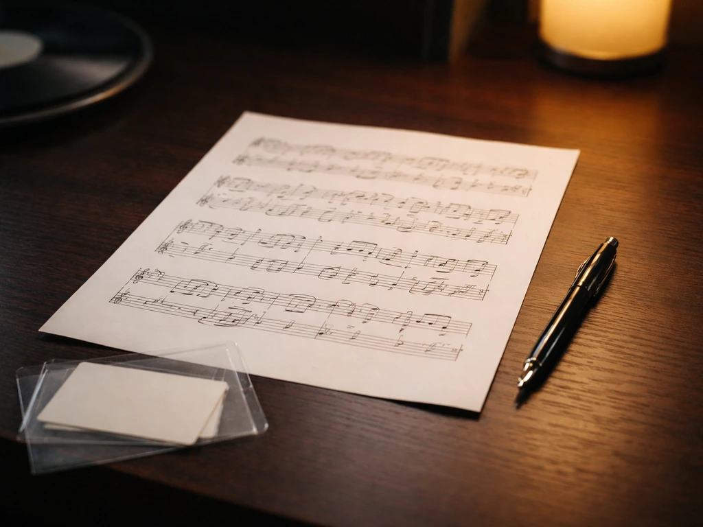Open handwritten sheet music with a pen and overlapping blank credit cards on a wooden desk.