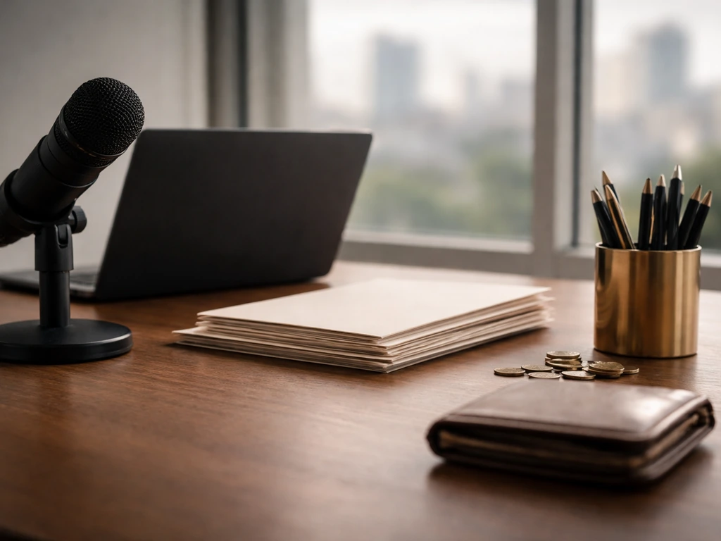 Minimal desk scene with microphone, coins, and wallet suggesting financial analysis for NFL earnings.