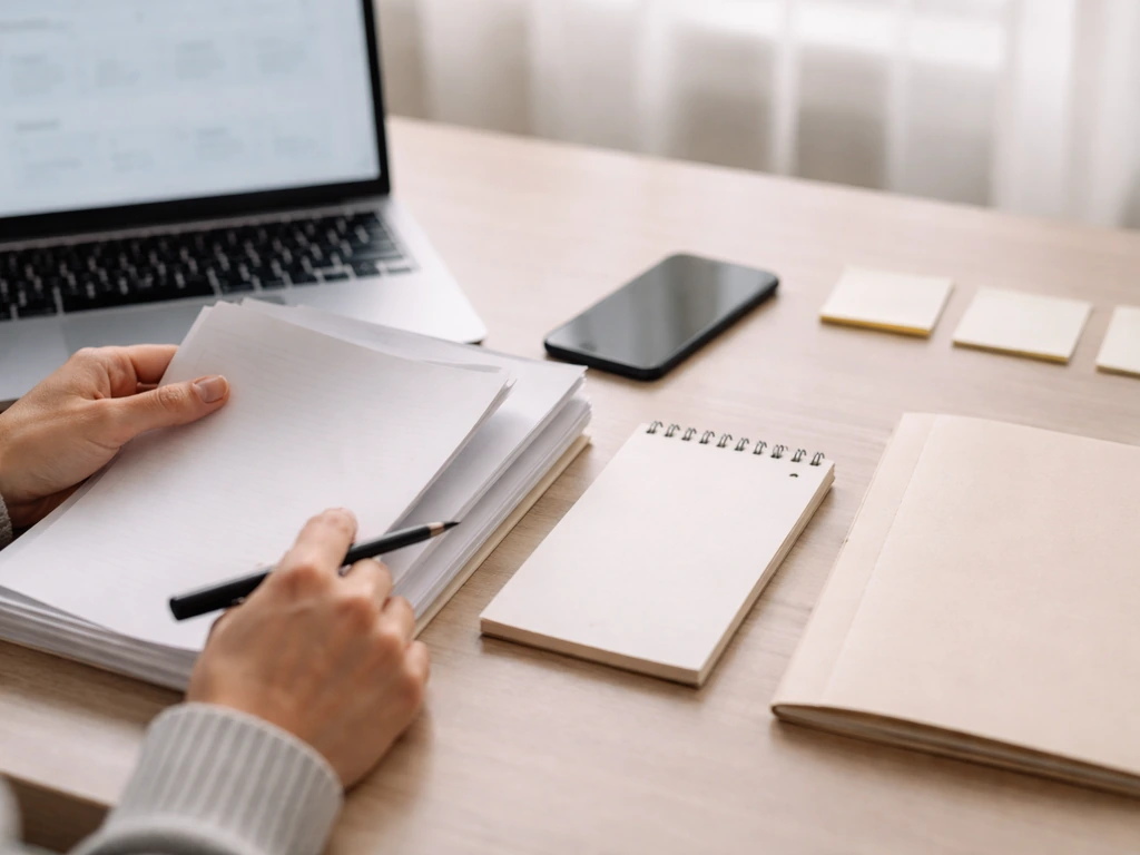 Hands with paperwork and a phone beside a laptop showing a simple verification checklist concept, no text