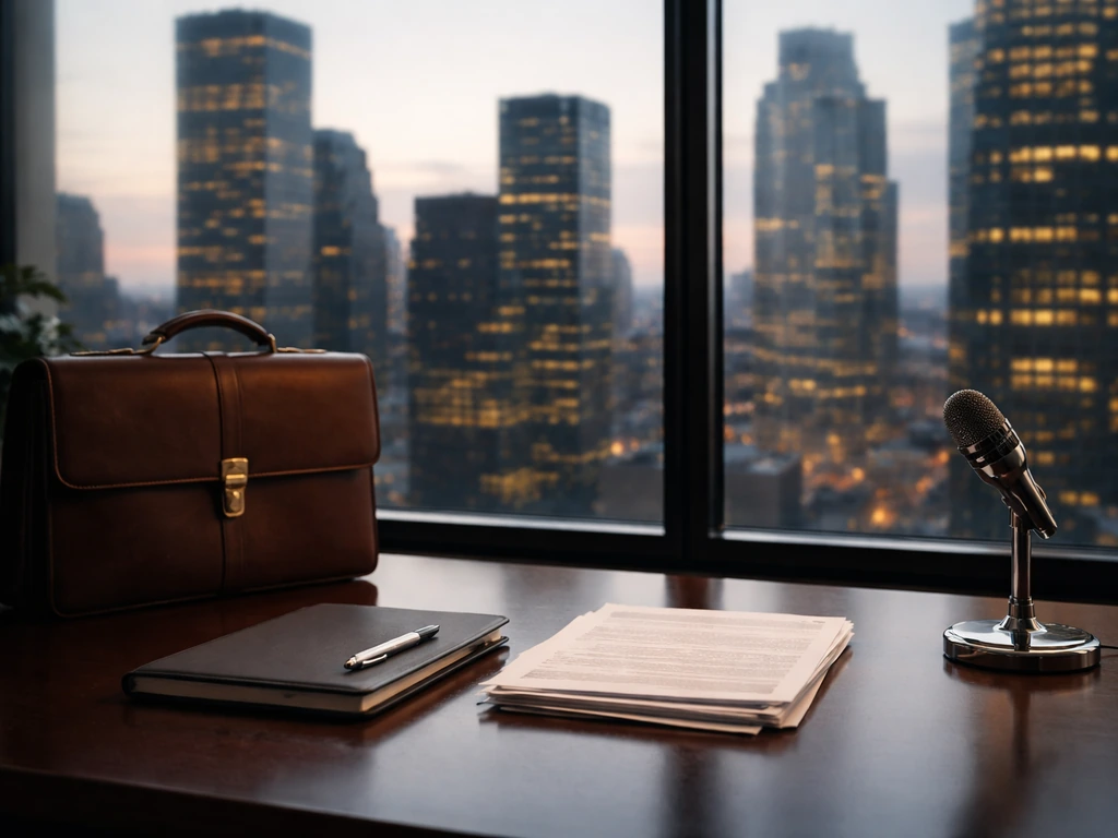 Minimal finance office scene with briefcase, documents, and desk microphone by a city window at dusk.