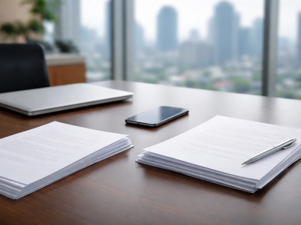 Minimal desk scene with a smartphone and documents suggesting checking public records