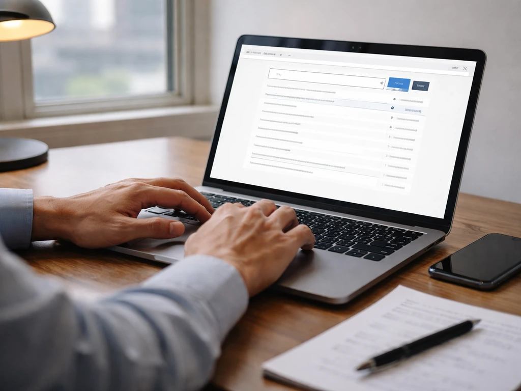 Hands at a laptop desk checking SEC-style filing search filters, with notes and phone nearby.