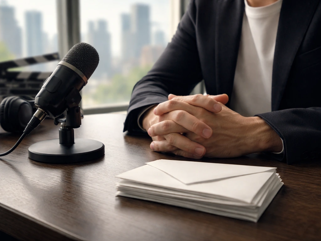 Hands near a studio microphone and sealed envelopes on a desk with a blurred city skyline outside