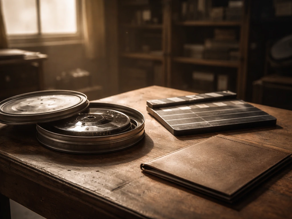 Minimal photo of a vintage movie studio desk with film reel, clapperboard, and soft dramatic lighting