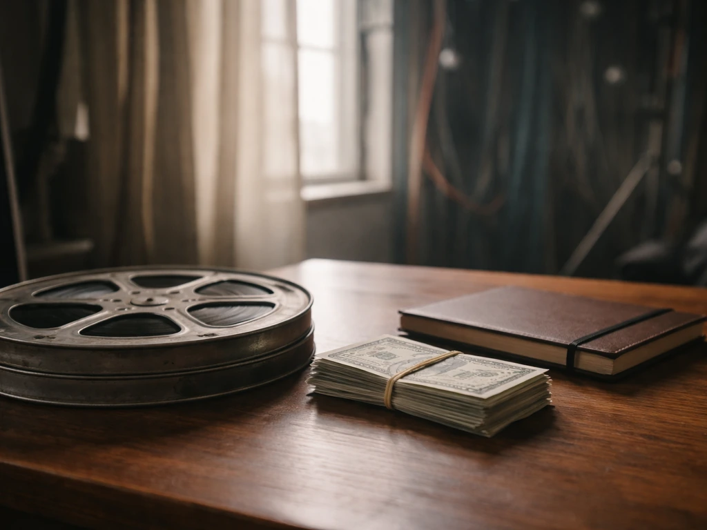 Minimal photo of a film reel and cash near a studio window symbolizing shifting TV/film earnings over time.