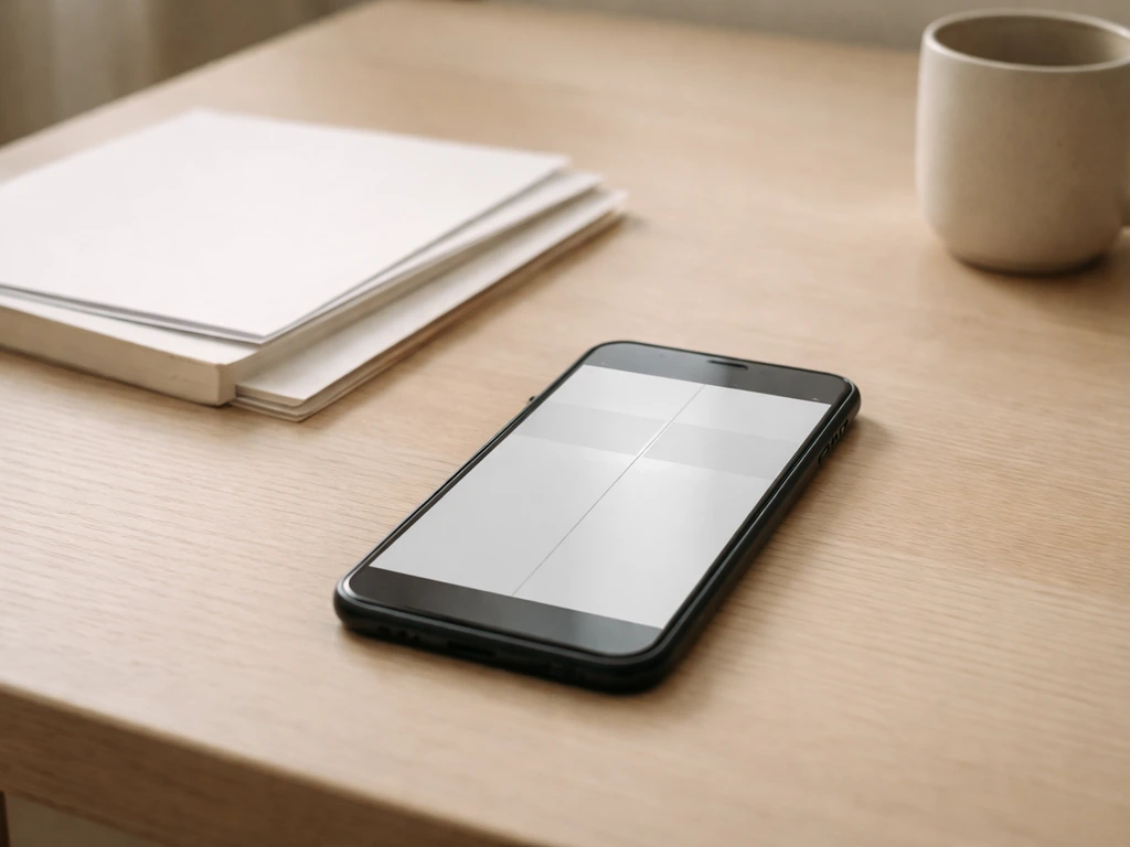 Minimal desk scene with scattered documents and a smartphone showing a blank comparison layout.