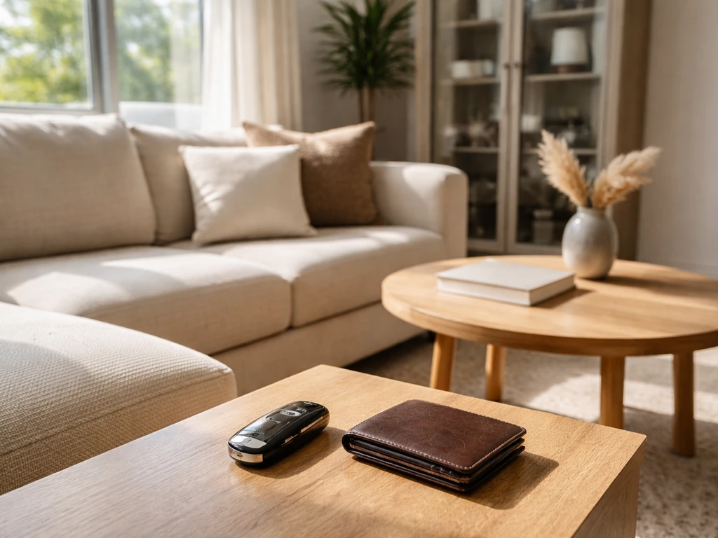 Sunlit modern living room corner with luxury items and car keys on a side table.