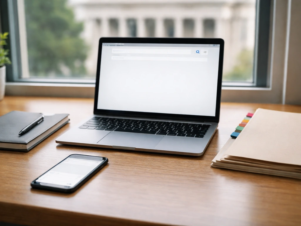 Desk scene with laptop and phone suggesting cross-checking public records and multiple sources, no readable text.