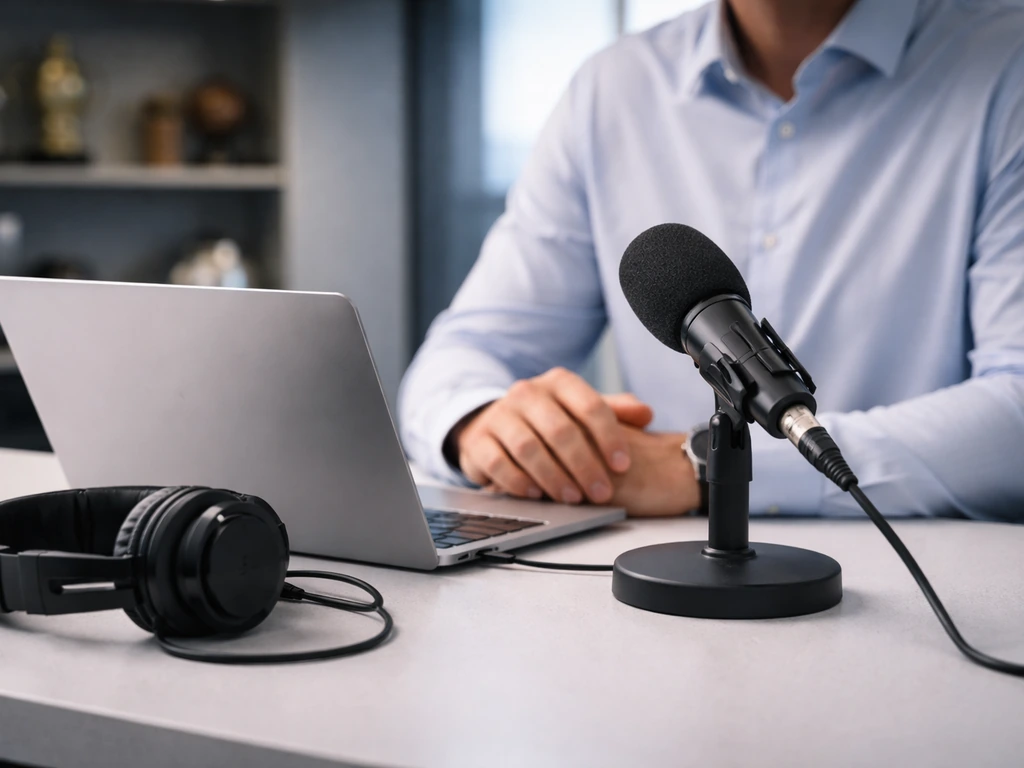 Minimal media studio desk with headphones and microphone beside an anonymous analyst, symbolizing sports finance.