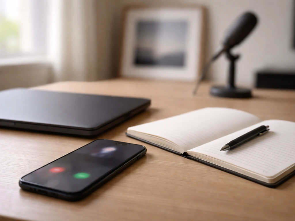 Minimal office scene with a notebook and smartphone suggesting media identity clarification