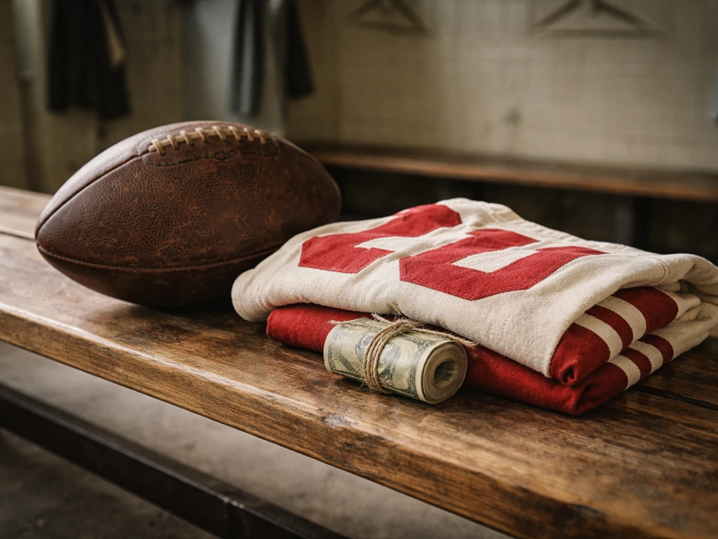 Vintage NFL gear and weathered football in a locker-room setting, evoking early-1980s career earnings.