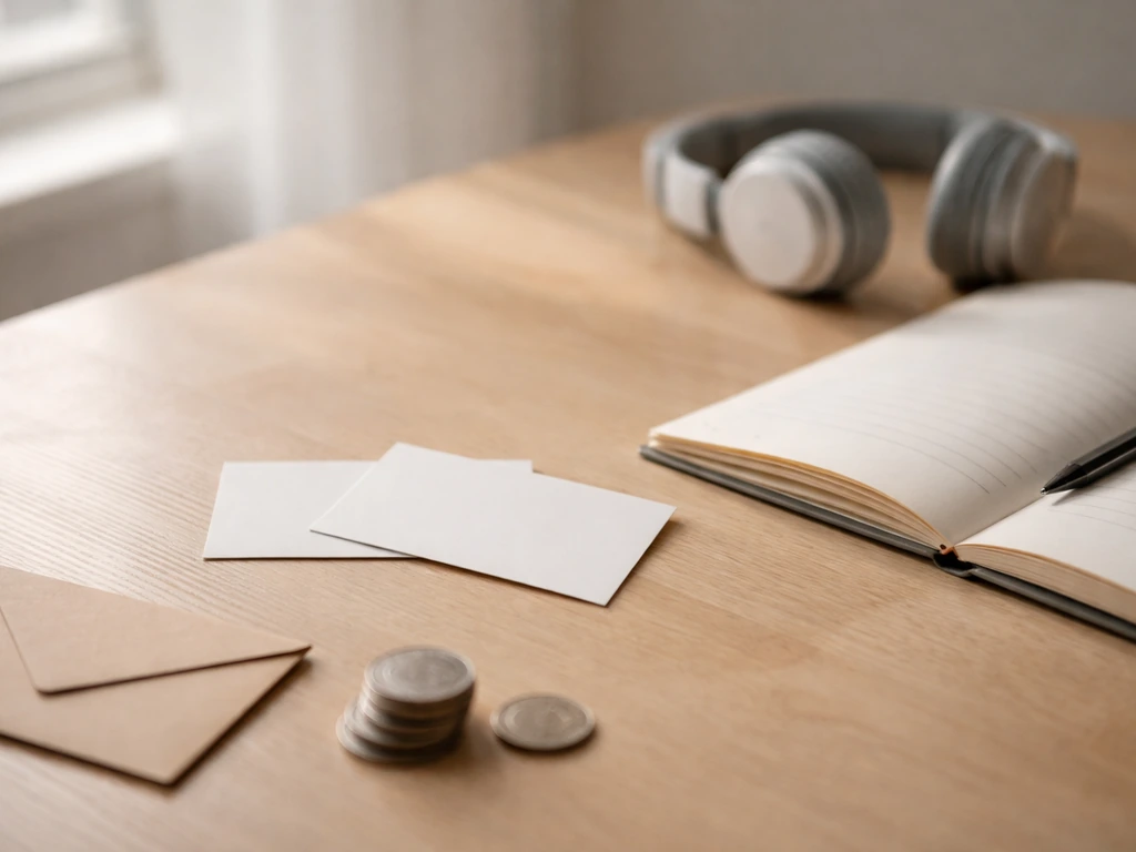 Minimal desk scene with business cards, headphones, and coins suggesting multiple Mark King identities