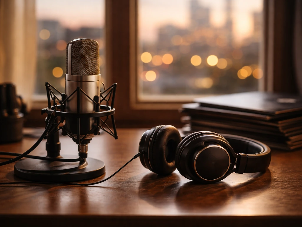 Recording studio desk with a microphone and headphones, warm window light, moody city lights in background